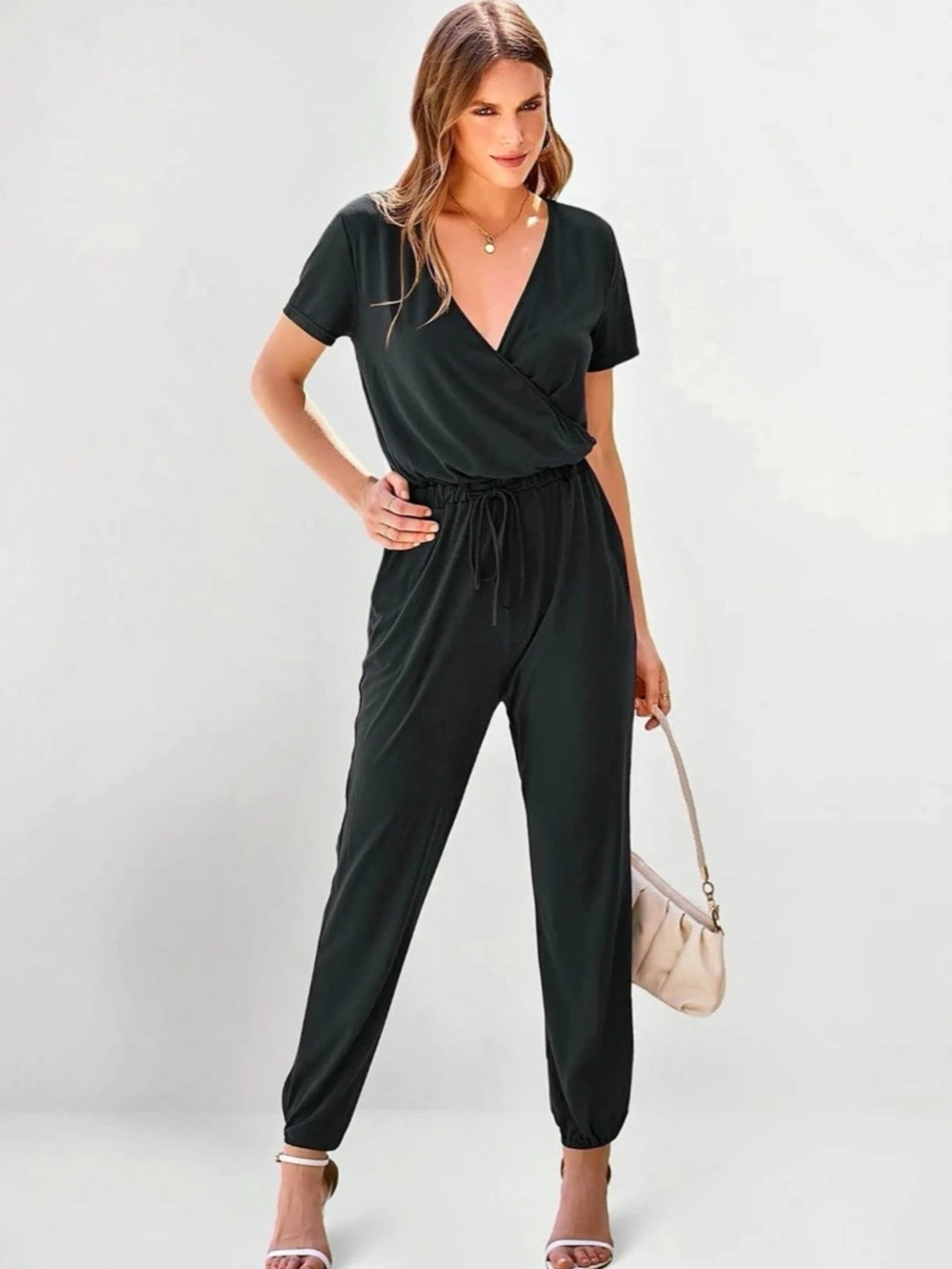 Prettygarden Short Sleeve Wrap V-Neck Drawstring Waist Jumpsuit Black size Mediu
